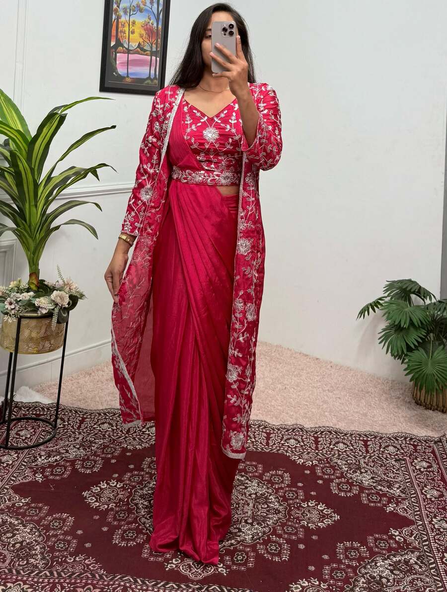 Ready to Wear Rani Pink Chinon Silk Saree with Sequence Embroidery, Stitched Blouse & Koti