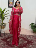 Ready to Wear Rani Pink Chinon Silk Saree with Sequence Embroidery, Stitched Blouse & Koti