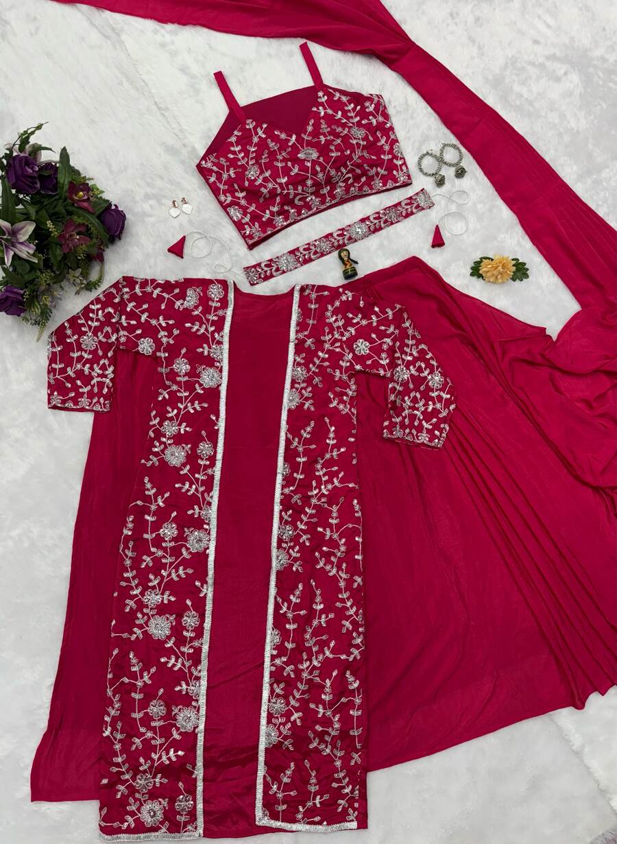 Ready to Wear Rani Pink Chinon Silk Saree with Sequence Embroidery, Stitched Blouse & Koti