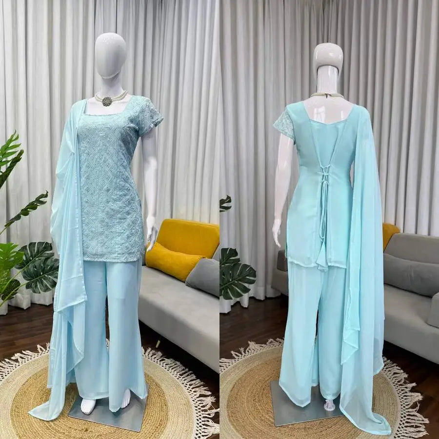 Fancy Georgette Thread Sequence Work Top Palazzo Dupatta Sky