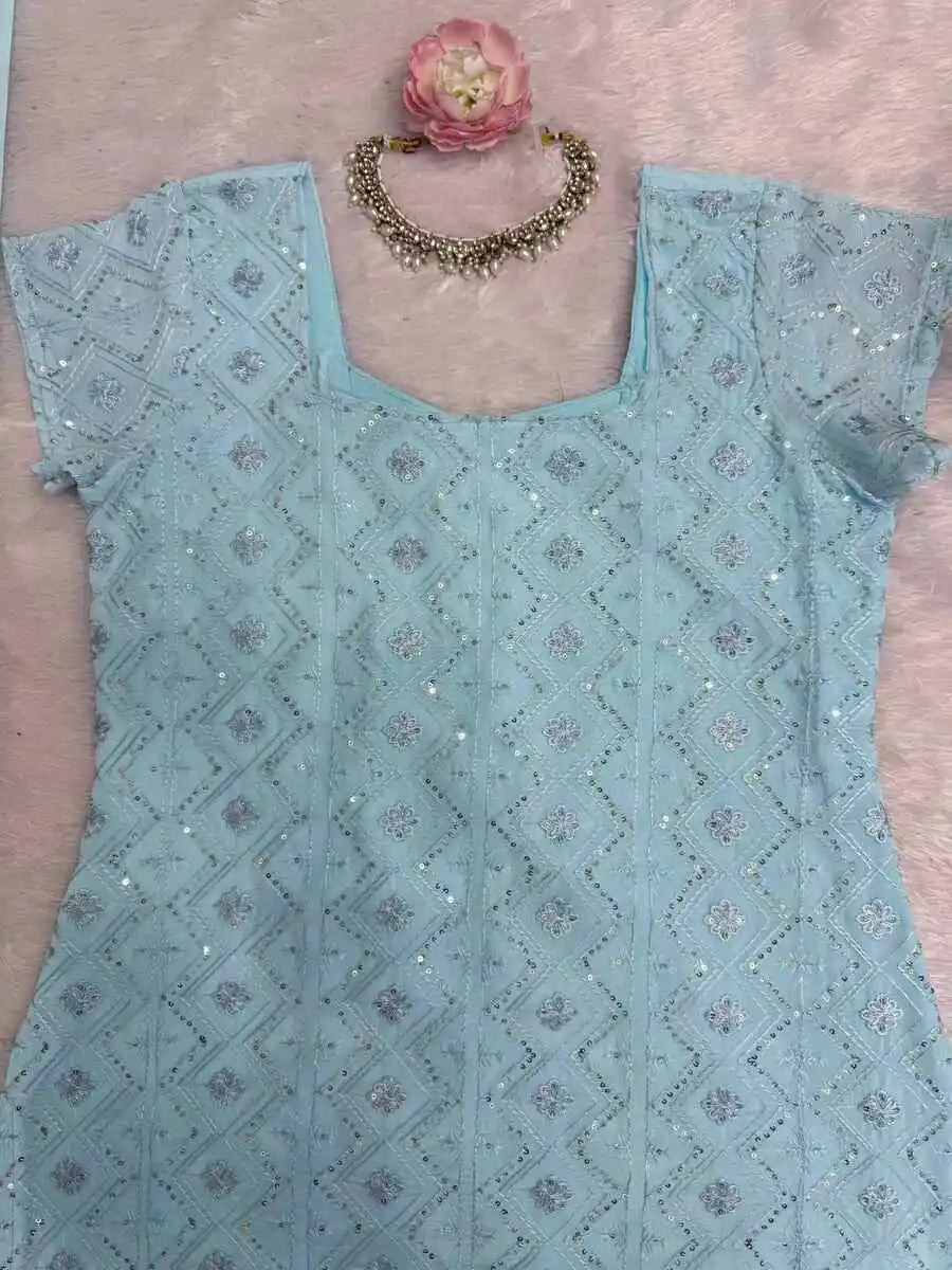 Fancy Georgette Thread Sequence Work Top Palazzo Dupatta Sky
