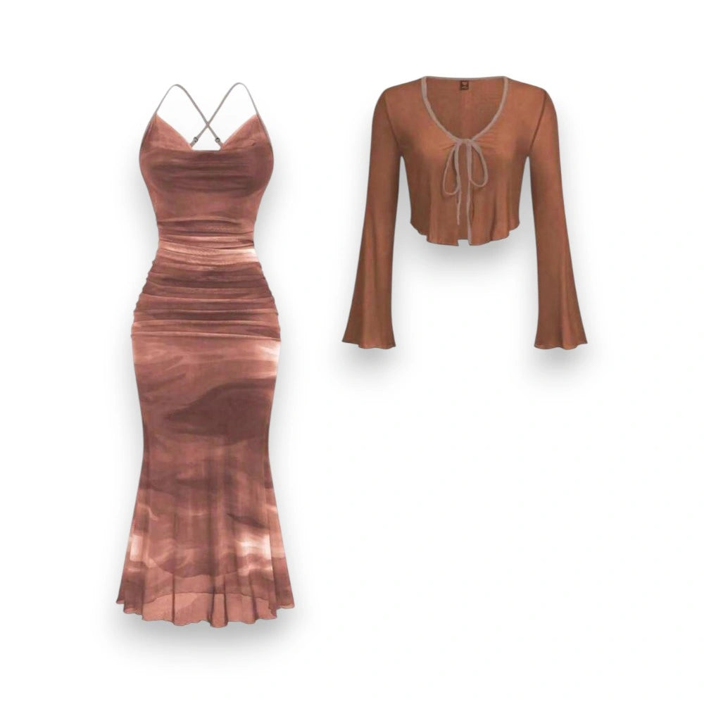 Brown Marbled Mesh Dress & Shrug Set