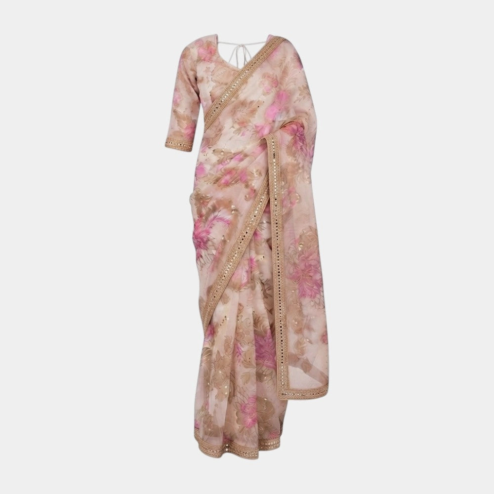 Mirror-Work Bordered Organza Floral Saree Set