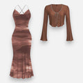Brown Marbled Mesh Dress & Shrug Set
