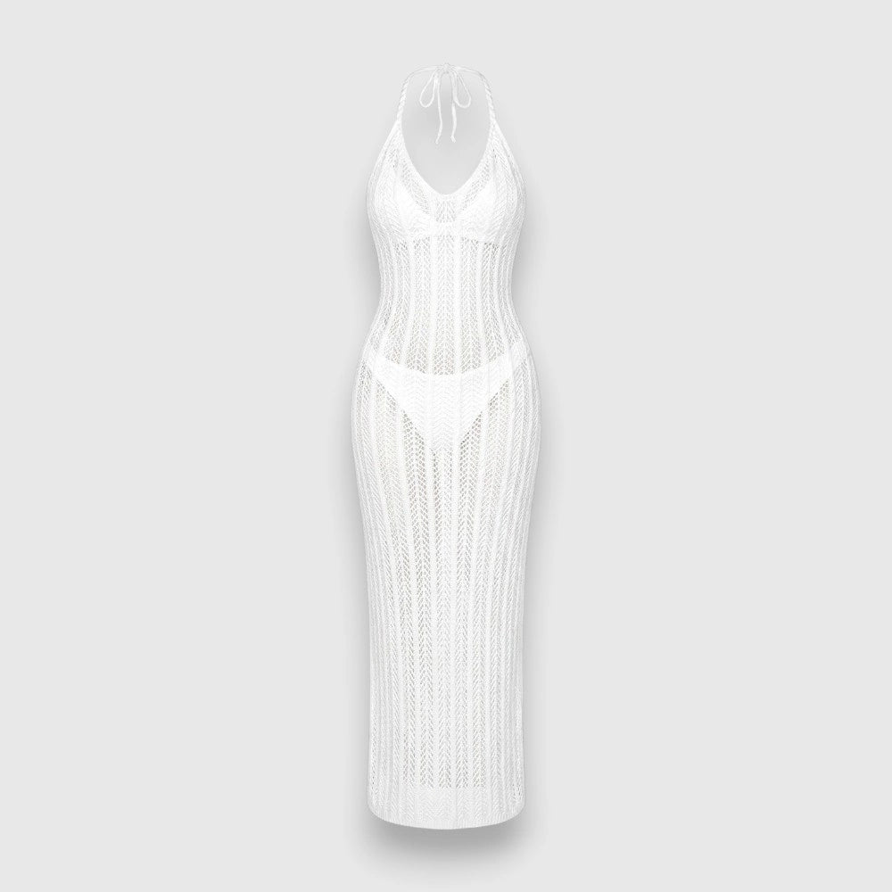 White Crochet Halter Neck Swim Dress – Women's Swimming Dress