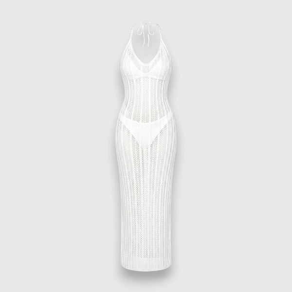 White Crochet Halter Neck Swim Dress – Women's Swimming Dress