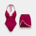 Seashell Trim Halter Swimsuit & Skirt Set