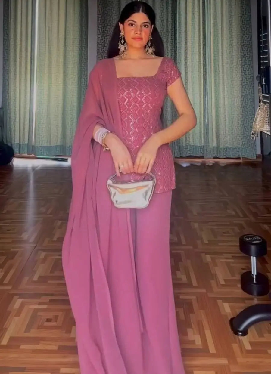 Fancy Georgette Thread Sequence Work Top Palazzo Dupatta Pink