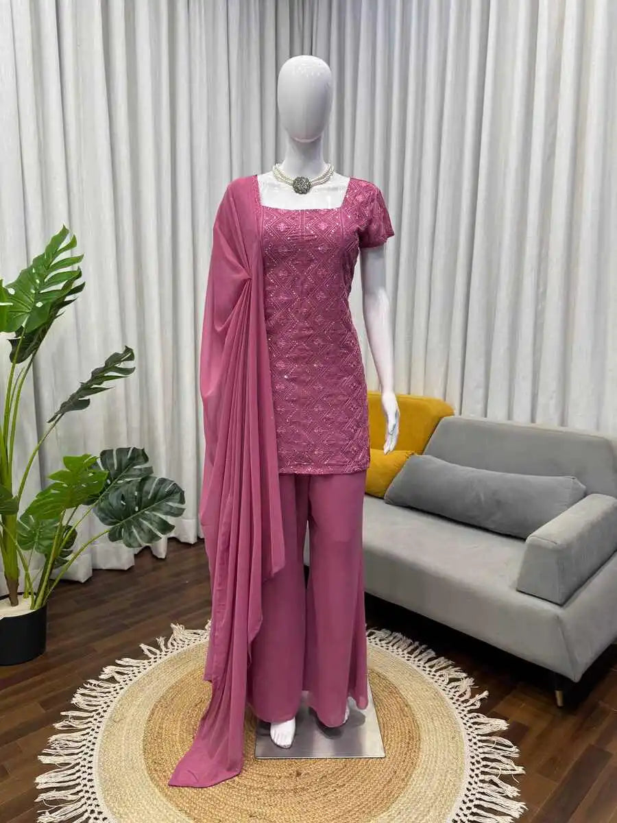 Fancy Georgette Thread Sequence Work Top Palazzo Dupatta Pink