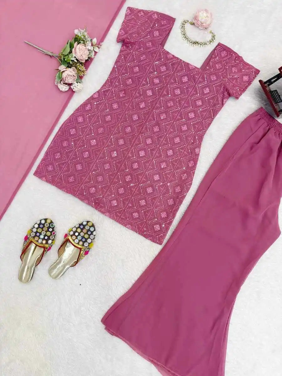 Fancy Georgette Thread Sequence Work Top Palazzo Dupatta Pink