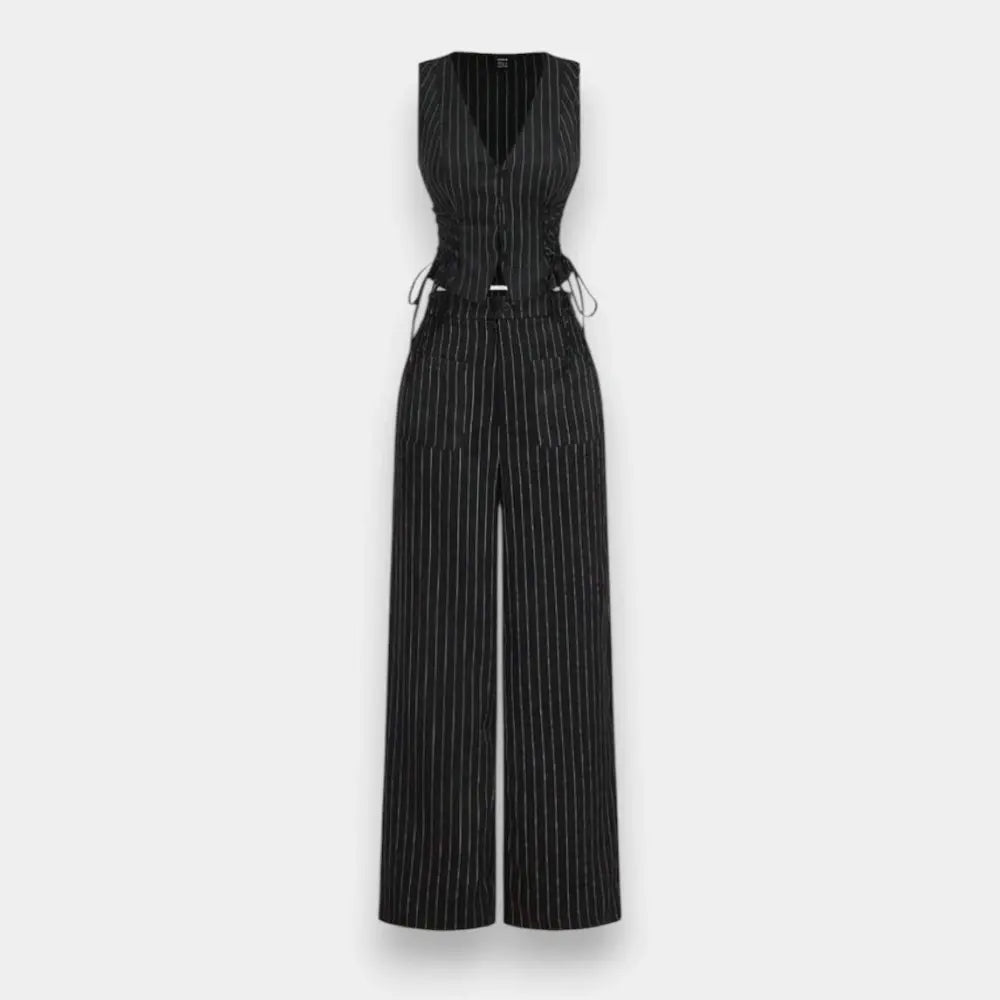 Women's Black & White Striped 2-Piece Suit – V-Neck Top & Straight Pants