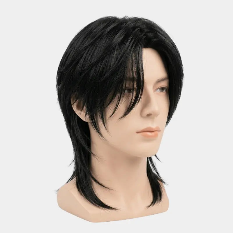 Pure Black Layered Choppy Hair Wig – Medium Length with Choppy Bangs for Cosplay