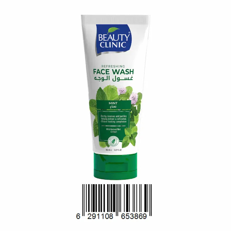 Beauty Clinic Refreshing Face Wash tube in Mint (Blue) scent, featuring a white tube with green and blue branding, a green cap, and mint leaf graphics, shown against a plain white background with a barcode below.