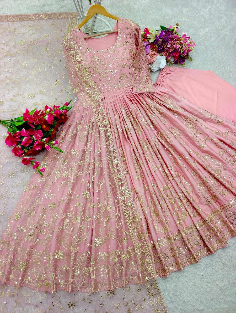 Attractive Chinon Embroidery Gown Bottom Dupatta Baby Pink | Size L