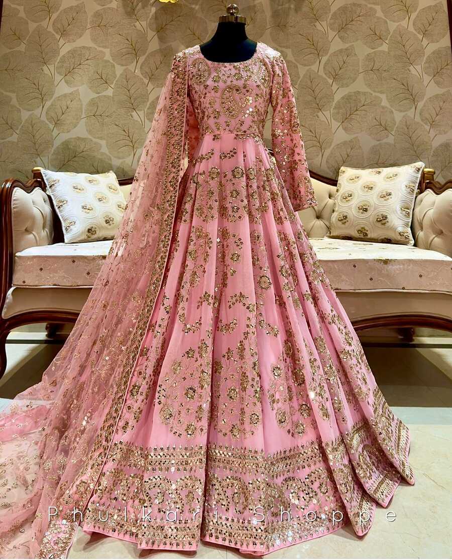 Attractive Chinon Embroidery Gown Bottom Dupatta Baby Pink | Size L
