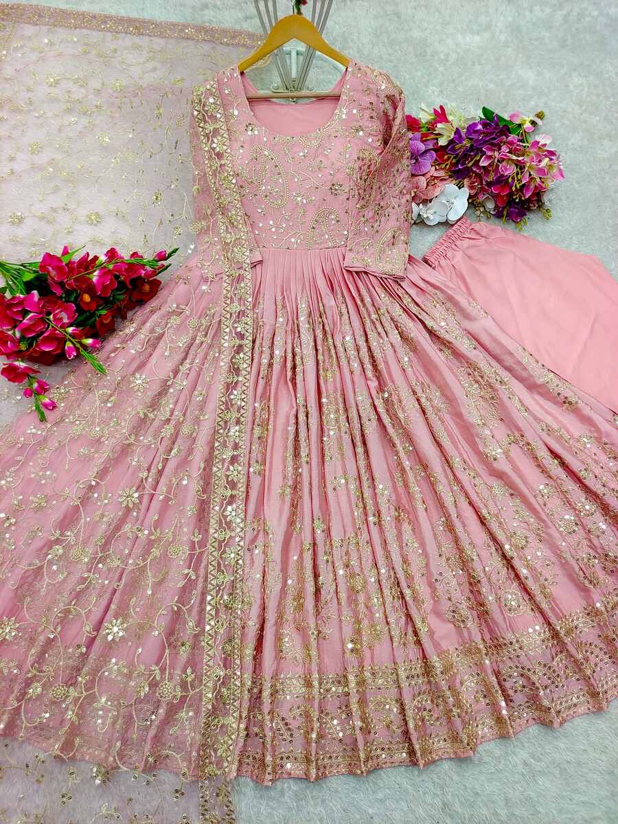 Attractive Chinon Embroidery Gown Bottom Dupatta Baby Pink | Size L
