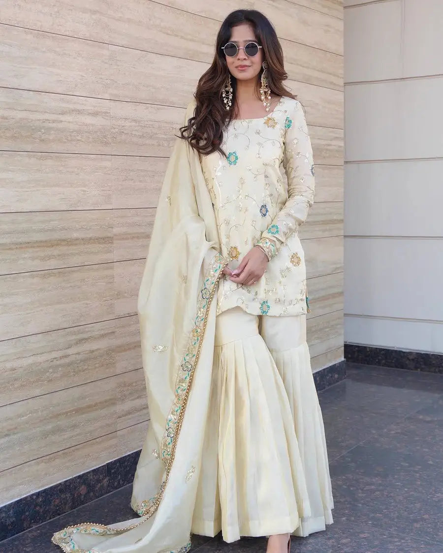 Attractive Off White Chinon Silk Sharara Set with Embroidery Sequence Work & Dupatta