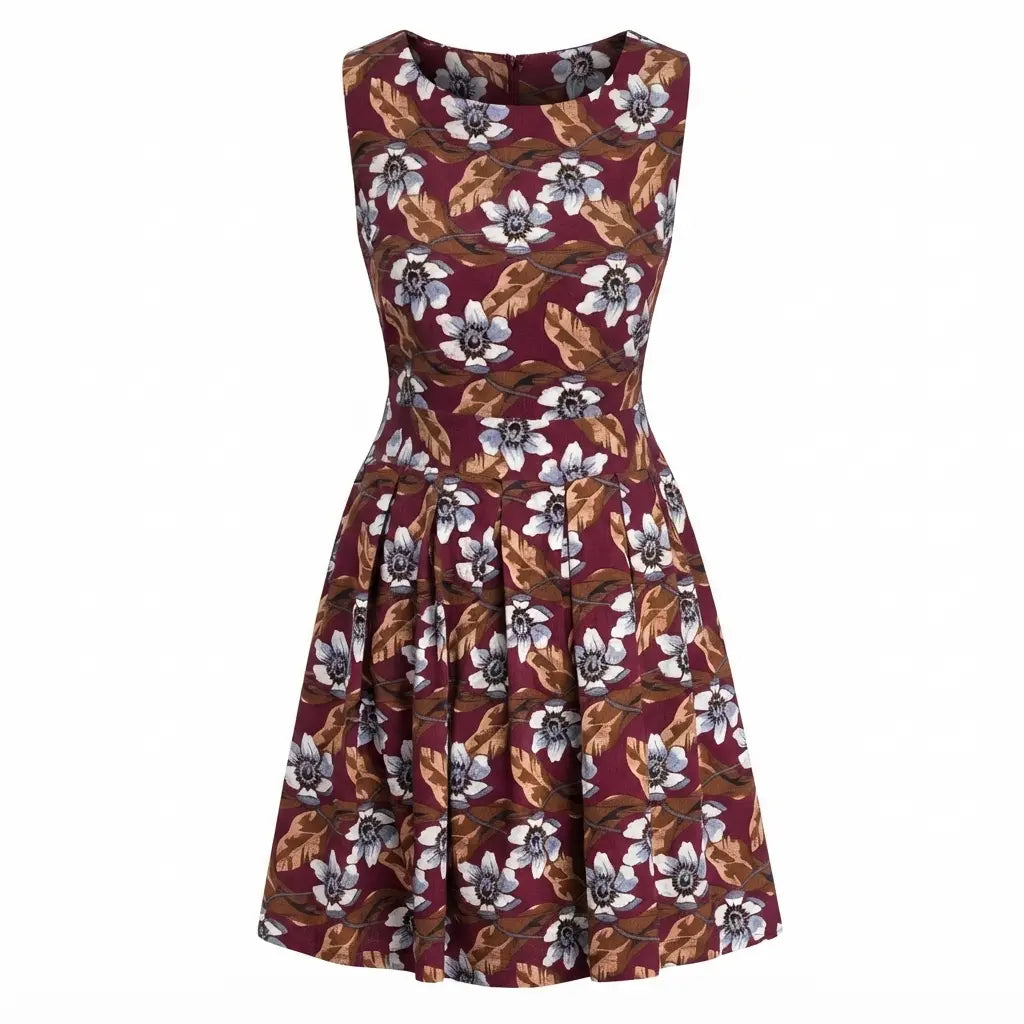 A sleeveless fit-and-flare dress with a pleated skirt, featuring an all-over floral print in burgundy, brown, white, and gray on a plain white background.