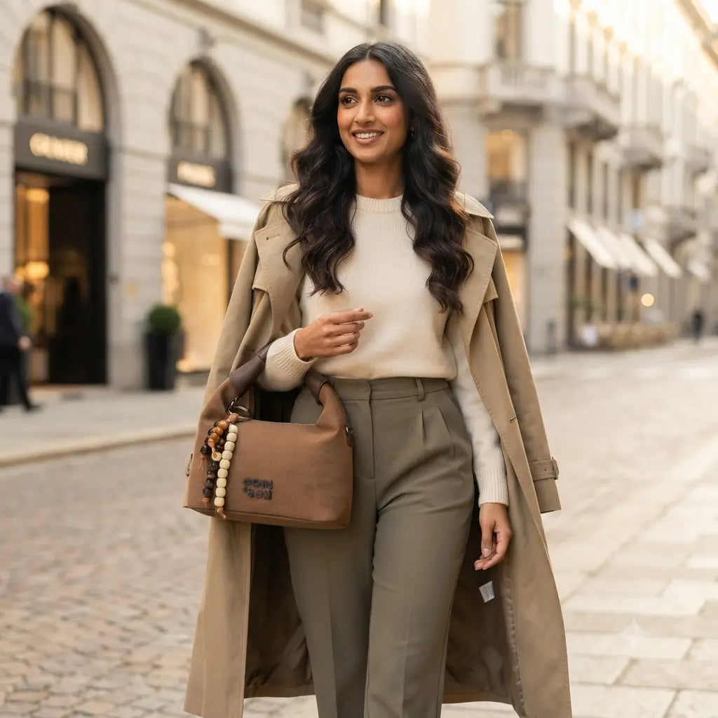 A woman walking on a cobblestone street wearing a beige trench coat, cream sweater, olive green trousers, and carrying a brown shoulder bag with a beaded charm.