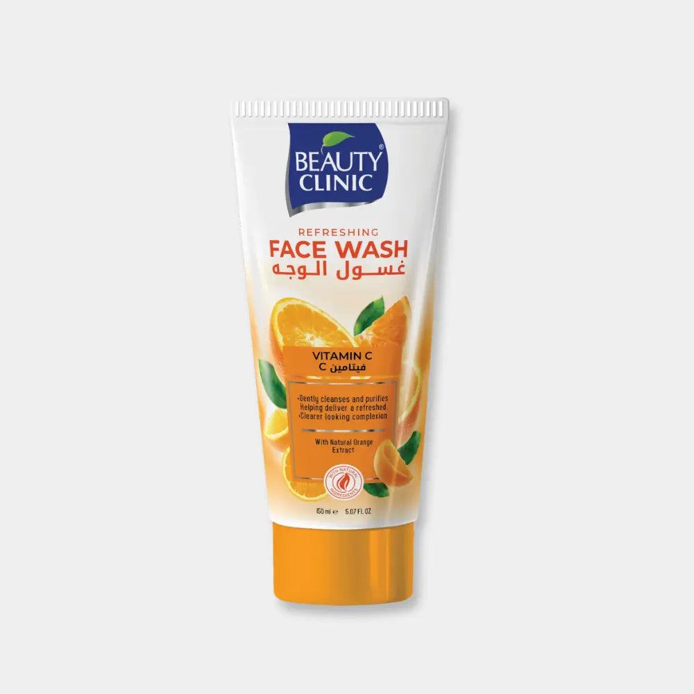Beauty Clinic Refreshing Face Wash Vitamin C Orange scent in a white squeeze tube with orange graphics and a yellow cap, set against a bright, modern white background with subtle geometric lines.