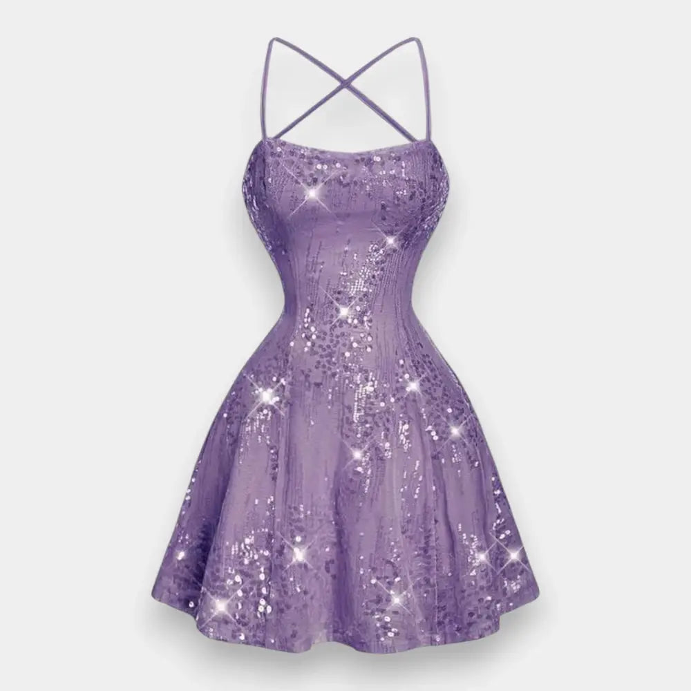 Women's Purple Sequin Backless Mini Dress – Disco Party & Prom Gown