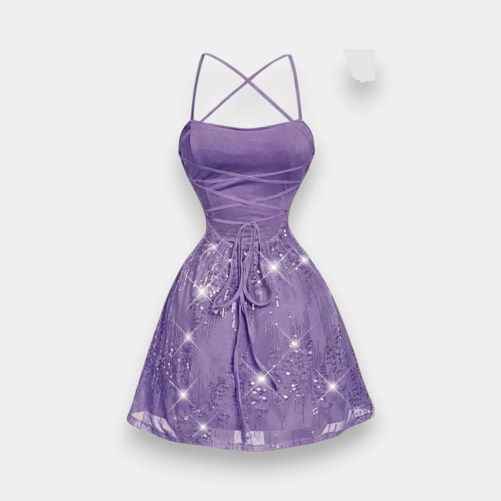 Women's Purple Sequin Backless Mini Dress – Disco Party & Prom Gown