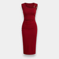 Red Asymmetrical Neck Bodycon Midi Dress – Sleeveless Ruched Metal Detail