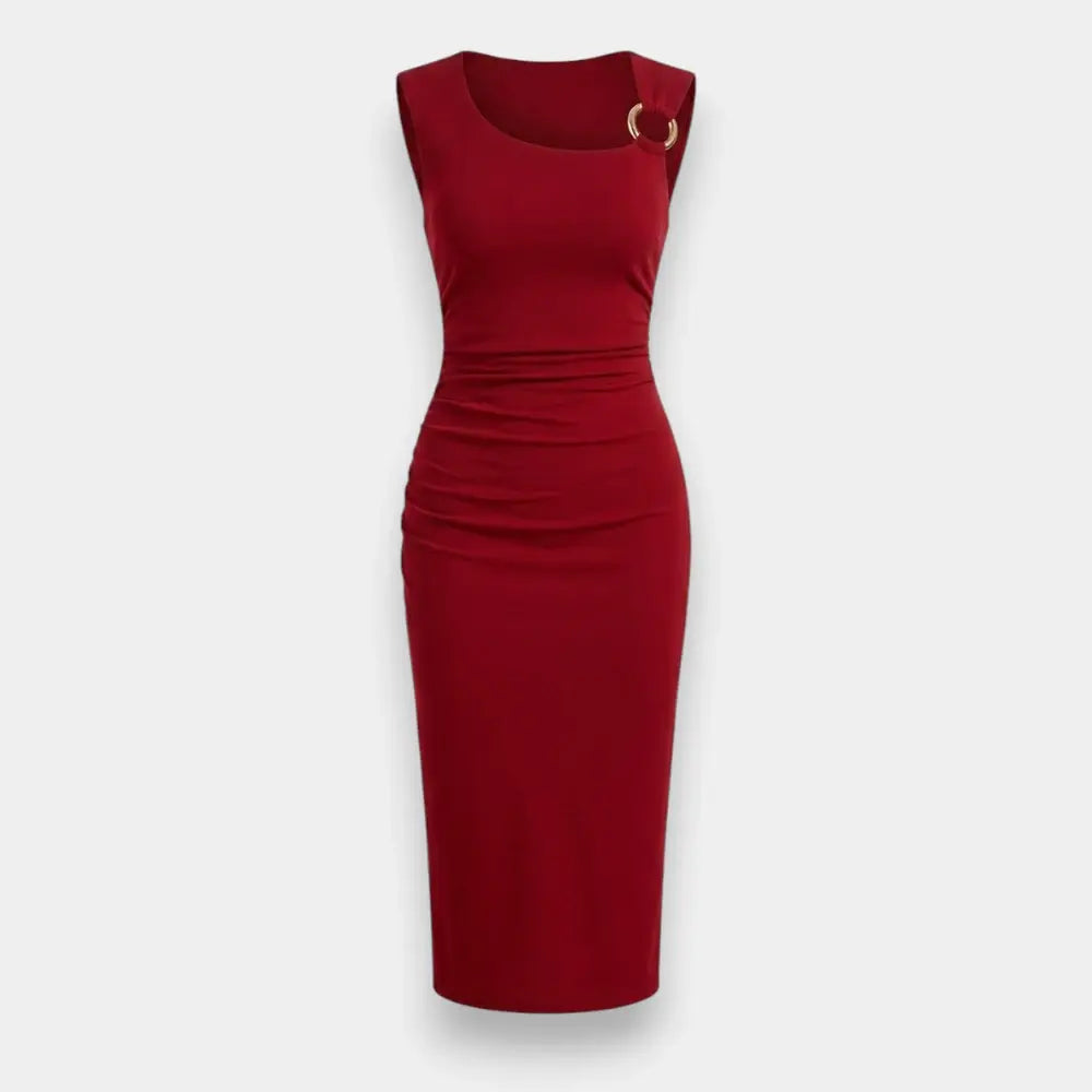 Red Asymmetrical Neck Bodycon Midi Dress – Sleeveless Ruched Metal Detail