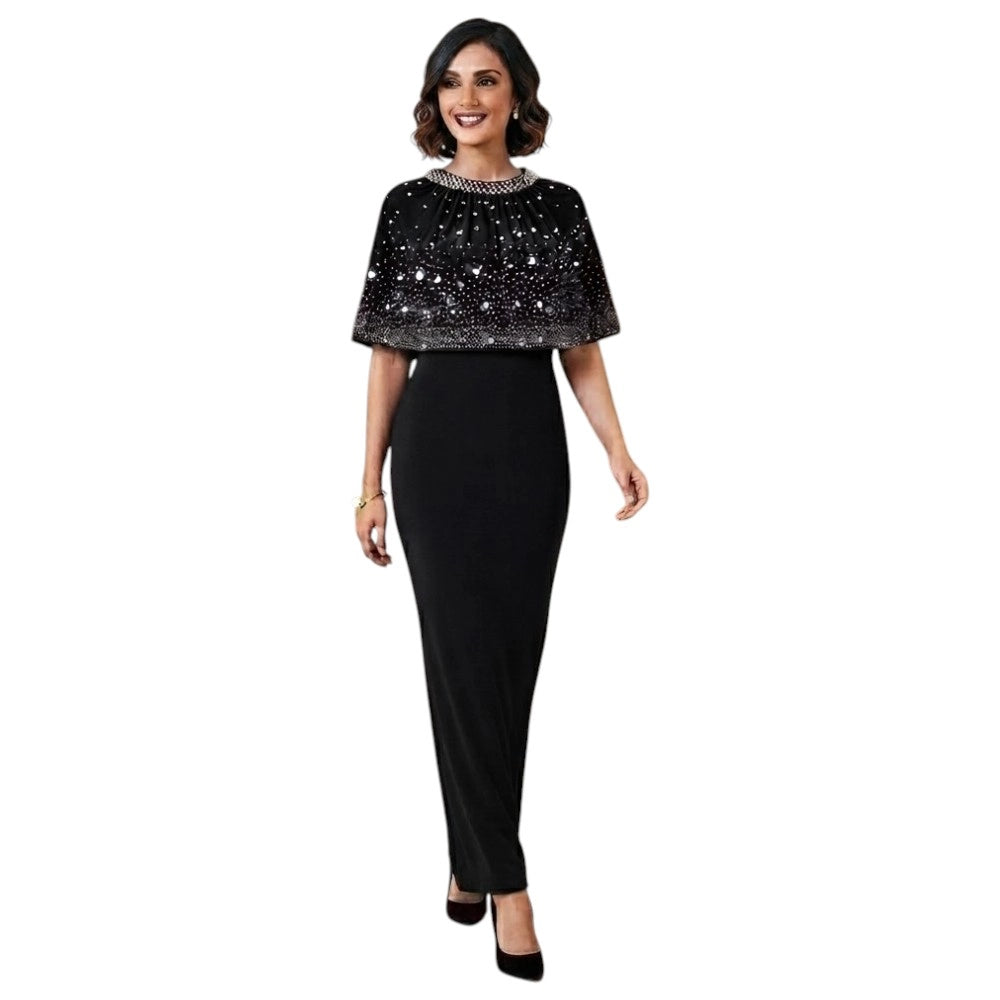 Elegant Black Beaded Cape Overlay Dress – Sizes S to L