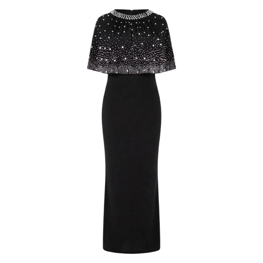 Elegant Black Beaded Cape Overlay Dress – Sizes S to L