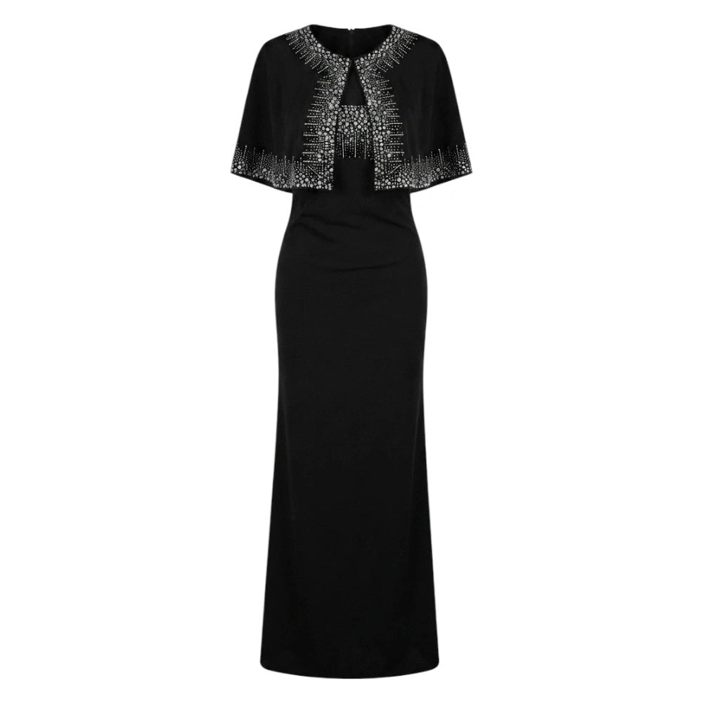 Elegant Black Beaded Capelet Overlay Long Bodycon Evening Dress – Sizes S to L