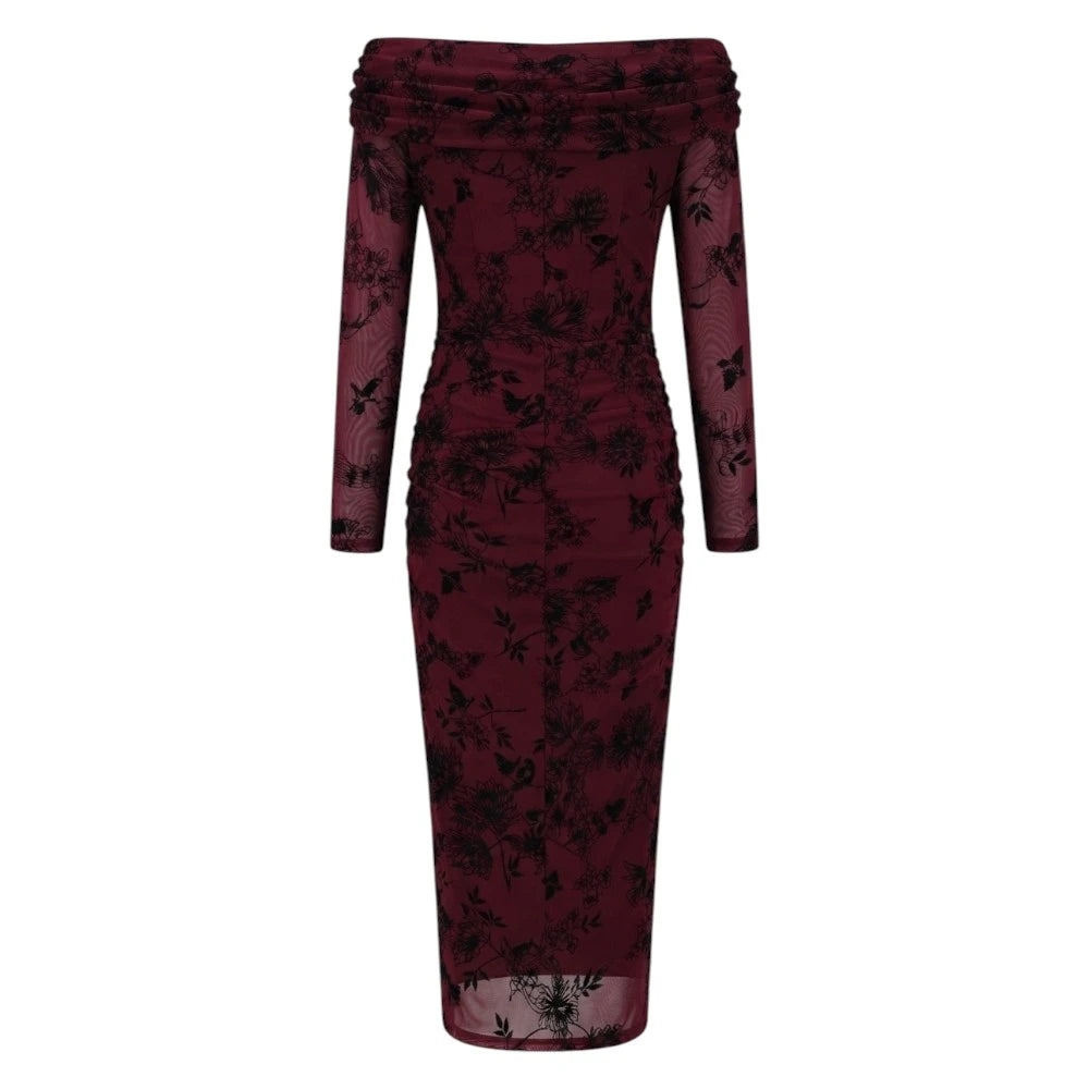 Dark Floral Ruched Bodycon Dress - Size (XS–XL)