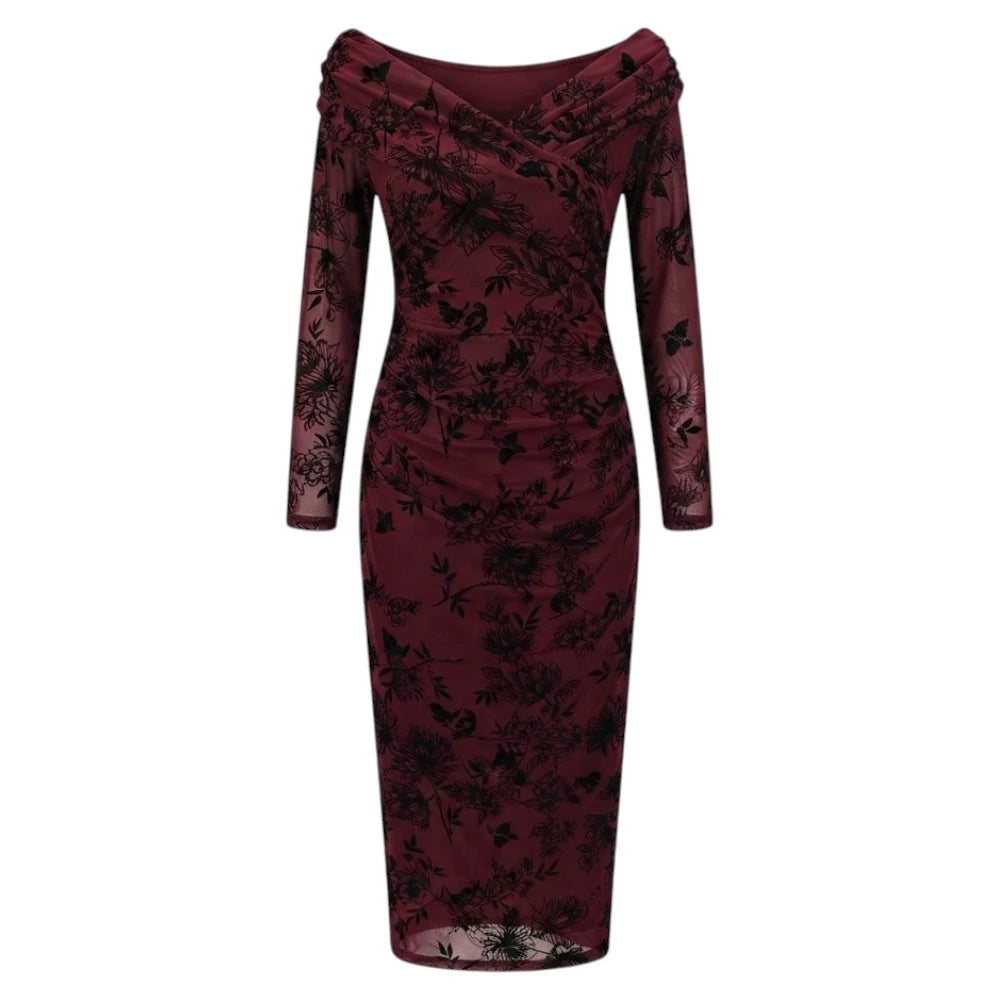 Dark Floral Ruched Bodycon Dress - Size (XS–XL)