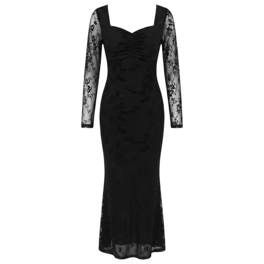 Women's Long Sleeve Floral Lace Bodycon Maxi Dress – Sizes XS to XL