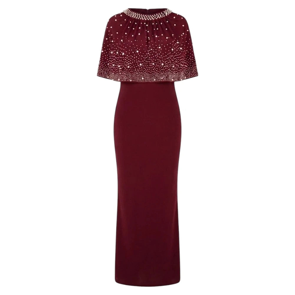 Elegant Maroon Beaded Cape Overlay Dress – Sizes S to L