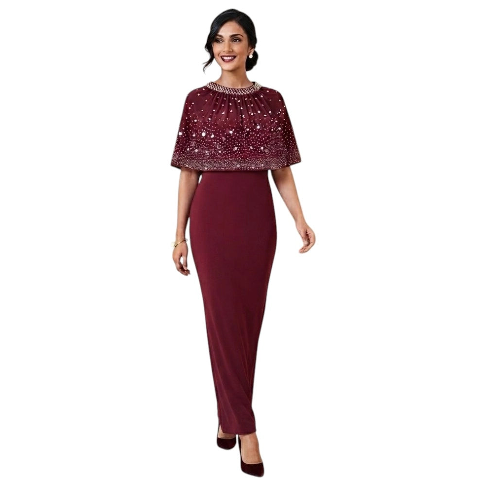 Elegant Maroon Beaded Cape Overlay Dress – Sizes S to L