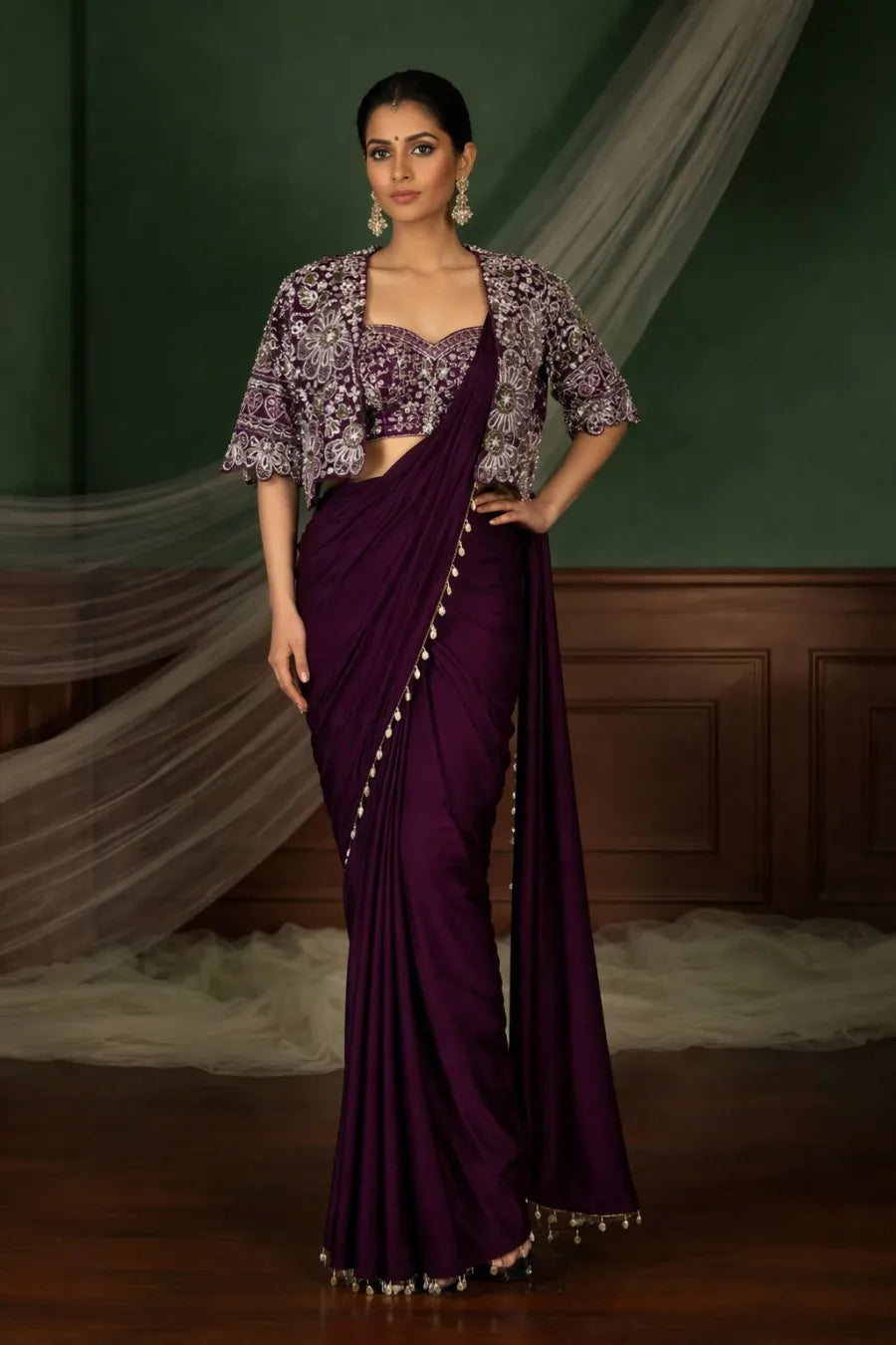 Crepe Silk Lace Border Saree with Stitched Blouse & Koti | Rani