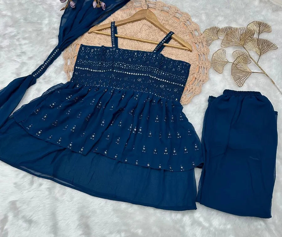 Designer Georgette Sequence Embroidery Moti Work Top Palazzo with Dupatta - Rama | Size M