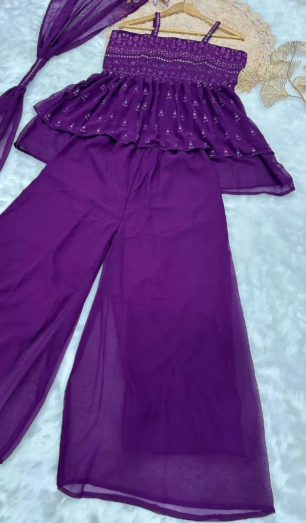 Designer Georgette Sequence Embroidery Top Palazzo Dupatta Purple | Size M