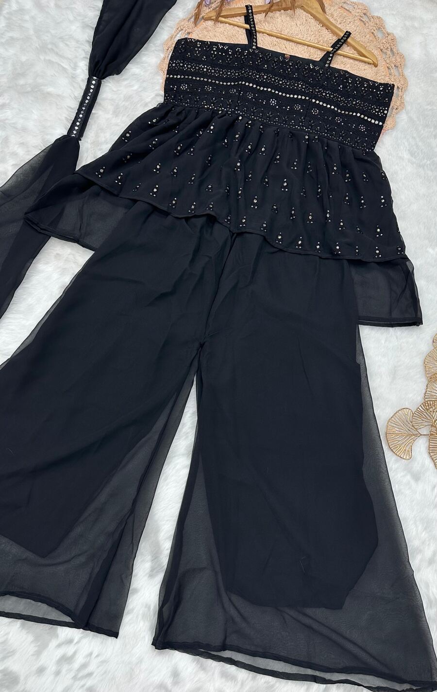 Designer Georgette Sequence Embroidery Top Palazzo Dupatta