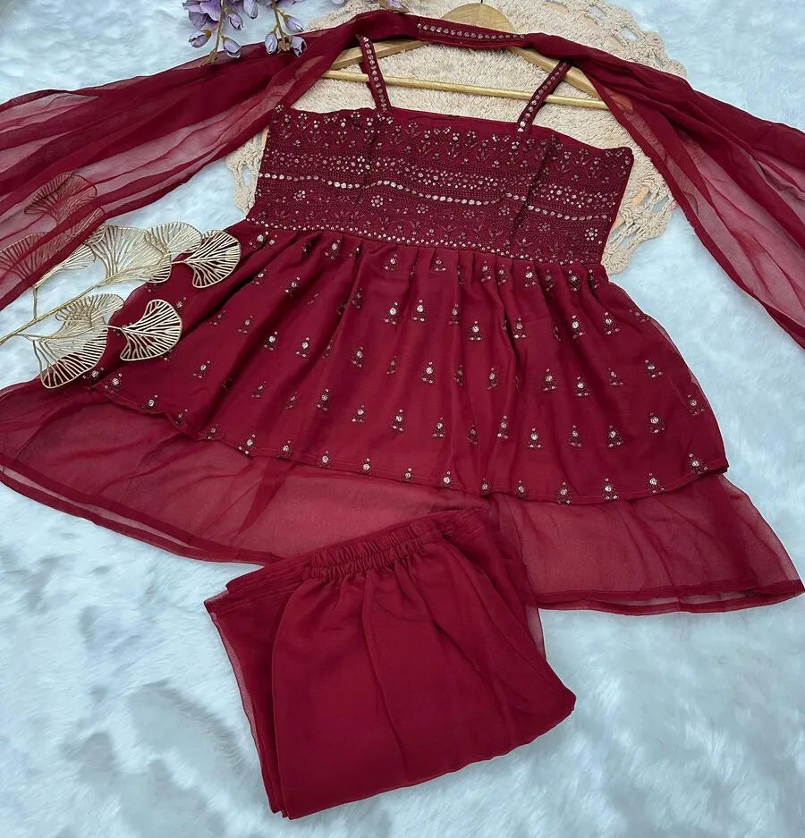 Designer Georgette Sequence Embroidery Top Palazzo Dupatta Maroon