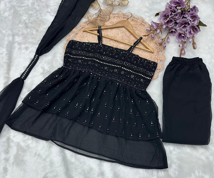 Designer Georgette Sequence Embroidery Top Palazzo Dupatta