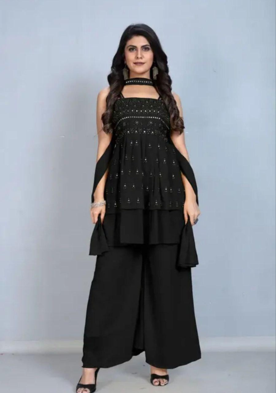 Designer Georgette Sequence Embroidery Top Palazzo Dupatta