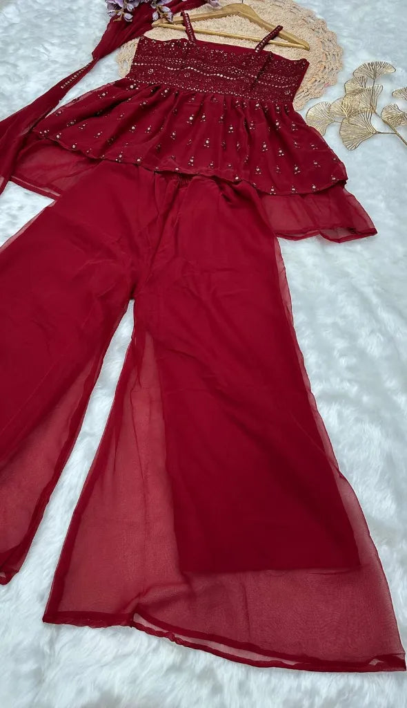 Designer Georgette Sequence Embroidery Top Palazzo Dupatta Maroon