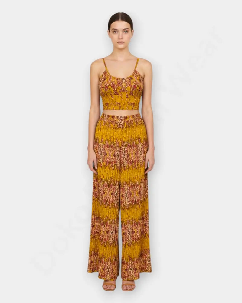 Rongtai Boho Two-Piece Set – Sleeveless Top & Wide-Leg Pants in Ethnic Print – Yellow Color