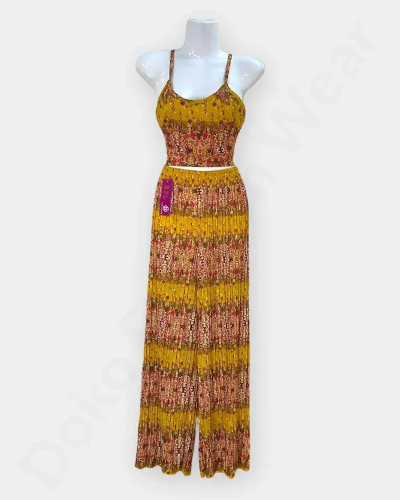 Rongtai Boho Two-Piece Set – Sleeveless Top & Wide-Leg Pants in Ethnic Print – Yellow Color