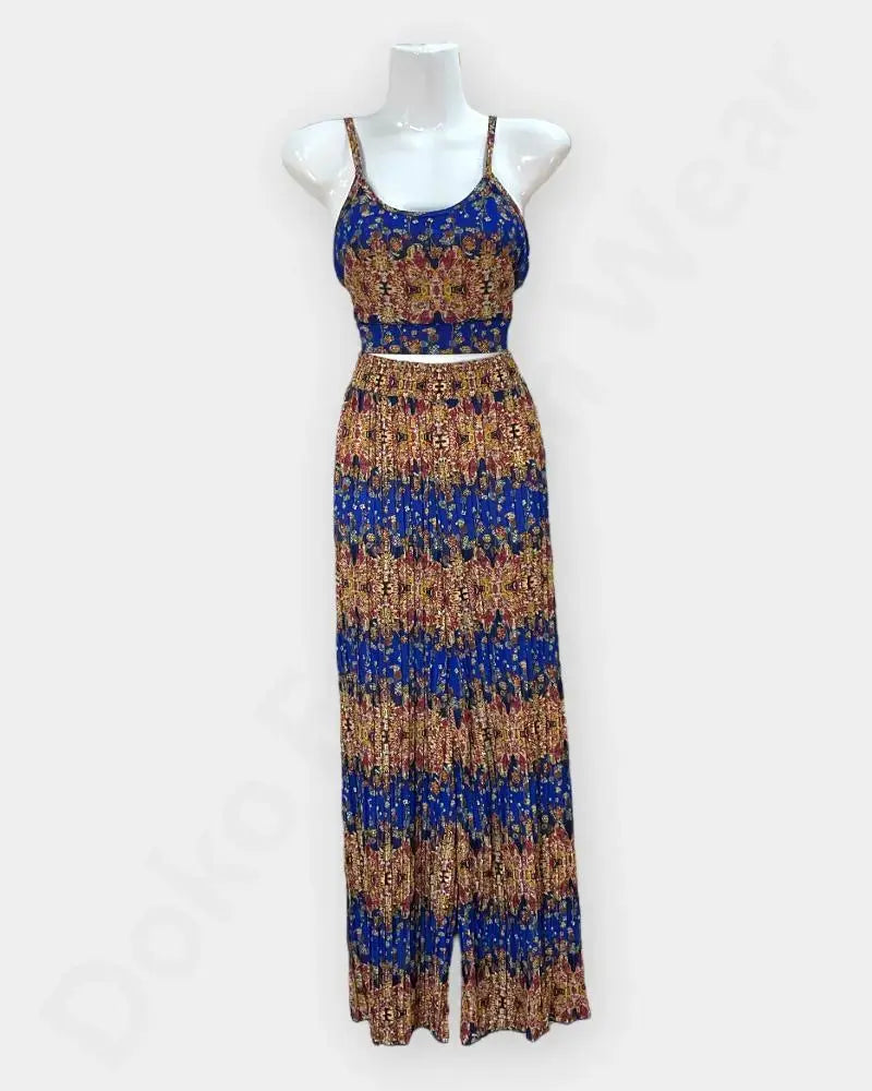 Rongtai Boho Two-Piece Set – Sleeveless Top & Wide-Leg Pants in Ethnic Print – Blue Color