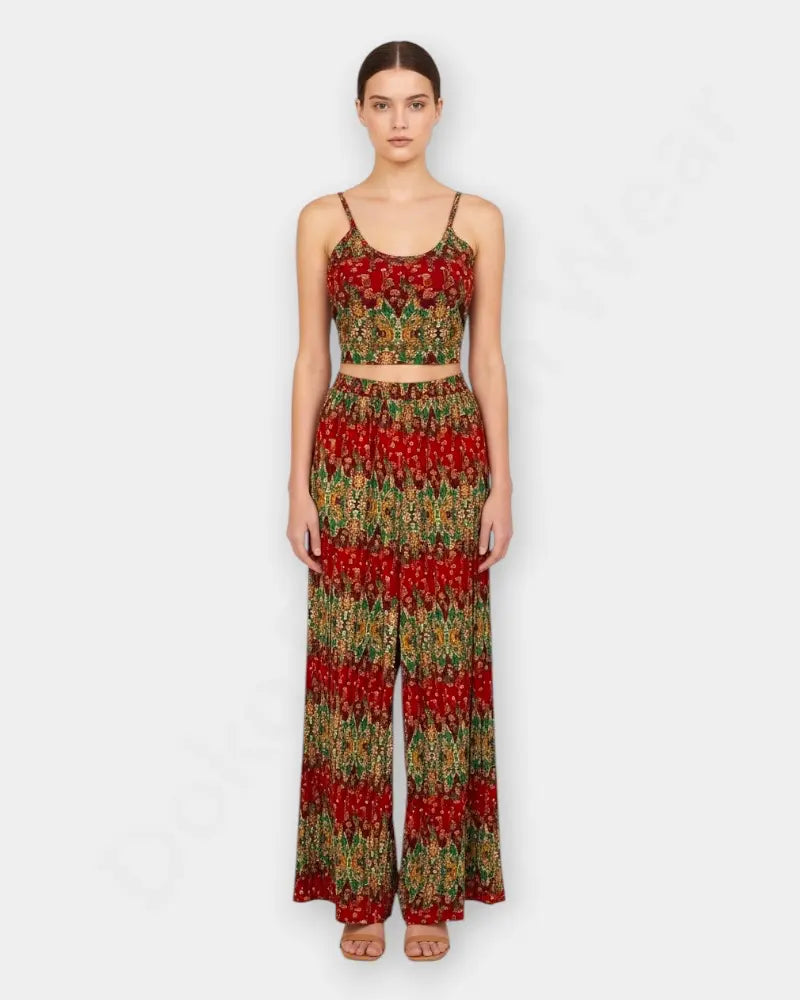 Rongtai Boho Two-Piece Set – Sleeveless Top & Wide-Leg Pants in Ethnic Print - Red Color