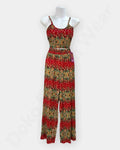 Rongtai Boho Two-Piece Set – Sleeveless Top & Wide-Leg Pants in Ethnic Print - Red Color
