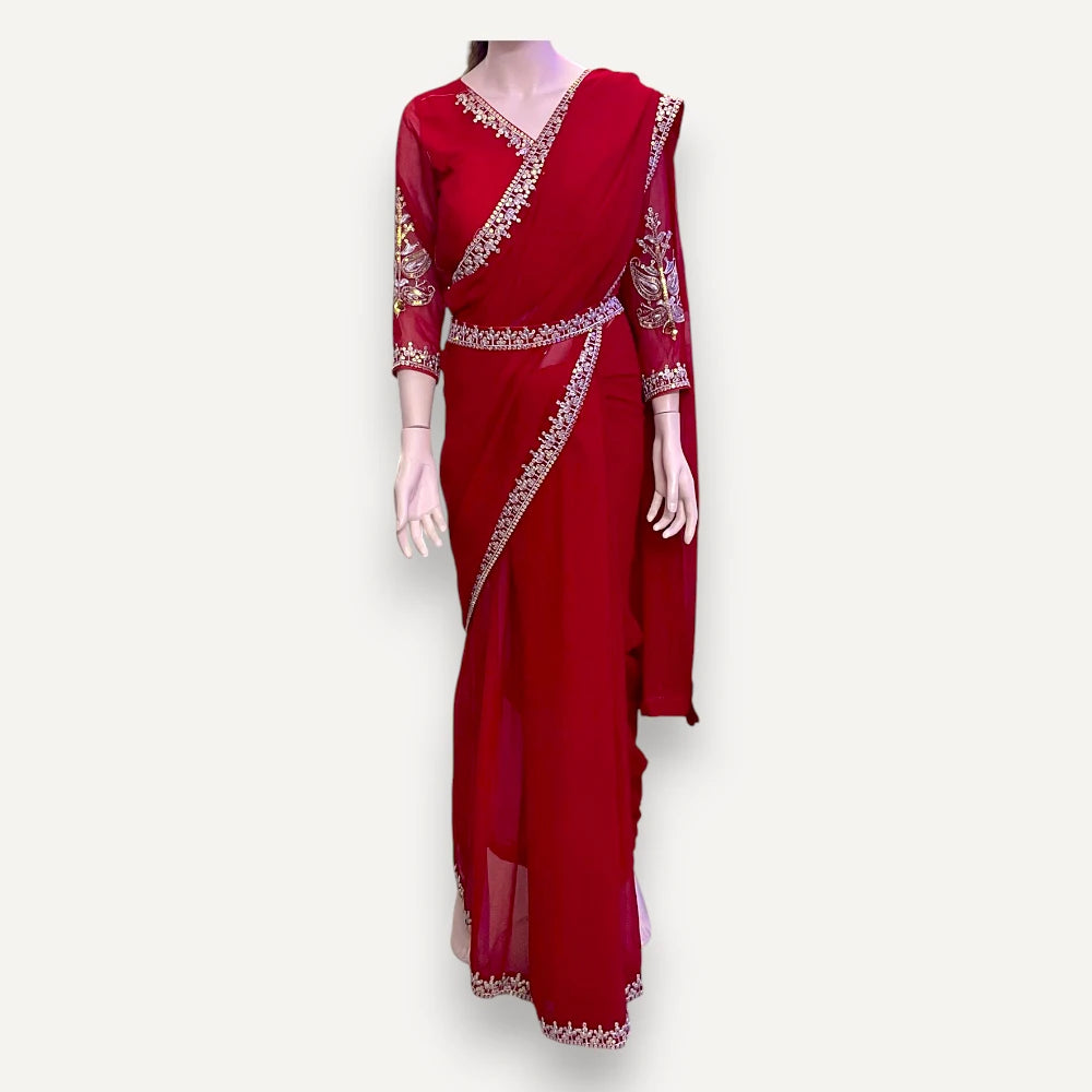 Georgette Saree with Embroidery Work , Stitched Blouse With Belt